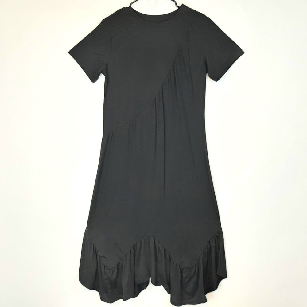 Shein Womens Black Diagonal Tiered Hem Maxi Short Sleeve Dress Size Small Cotton